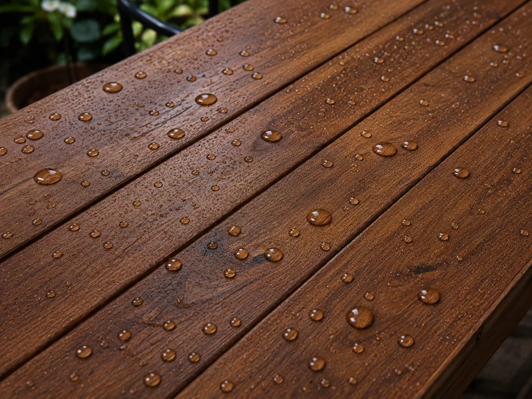 Wooden deck, sealed against rain and stains – After