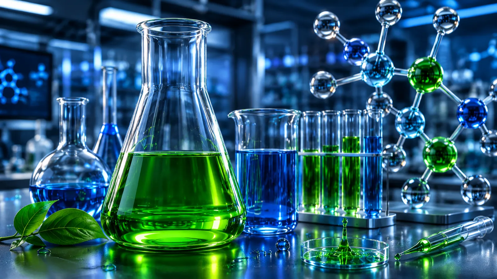 WetProof laboratory with green and blue chemistry glassware and molecular models